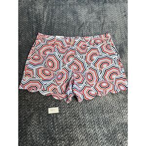 NWT Crown & Ivy Womens Shelby Chino Shorts Blue Red Umbrella Size 14 Scalloped